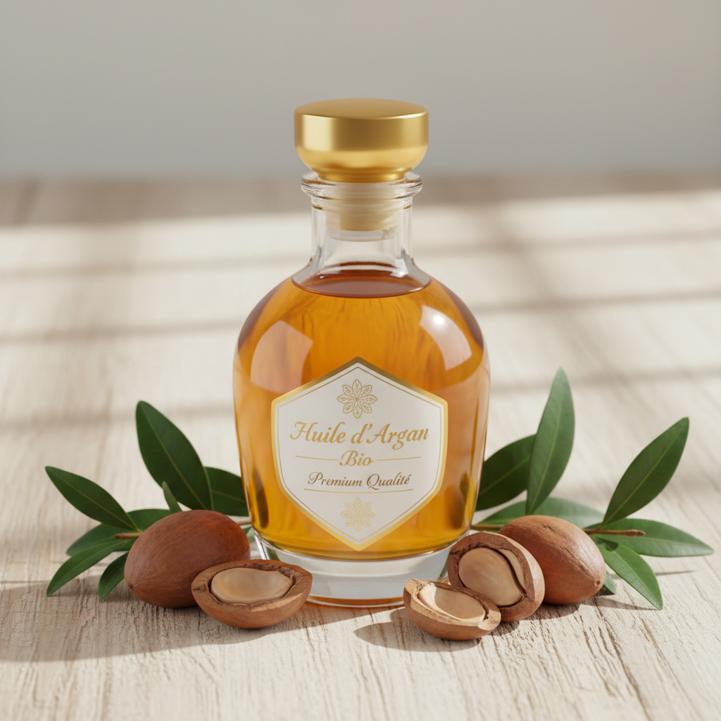 Huile d'Argan Bio dans un flacon en verre entouré de noix d'argan brutes