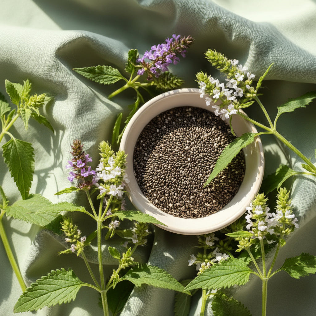 Graines de chia biologiques dans un bol crème